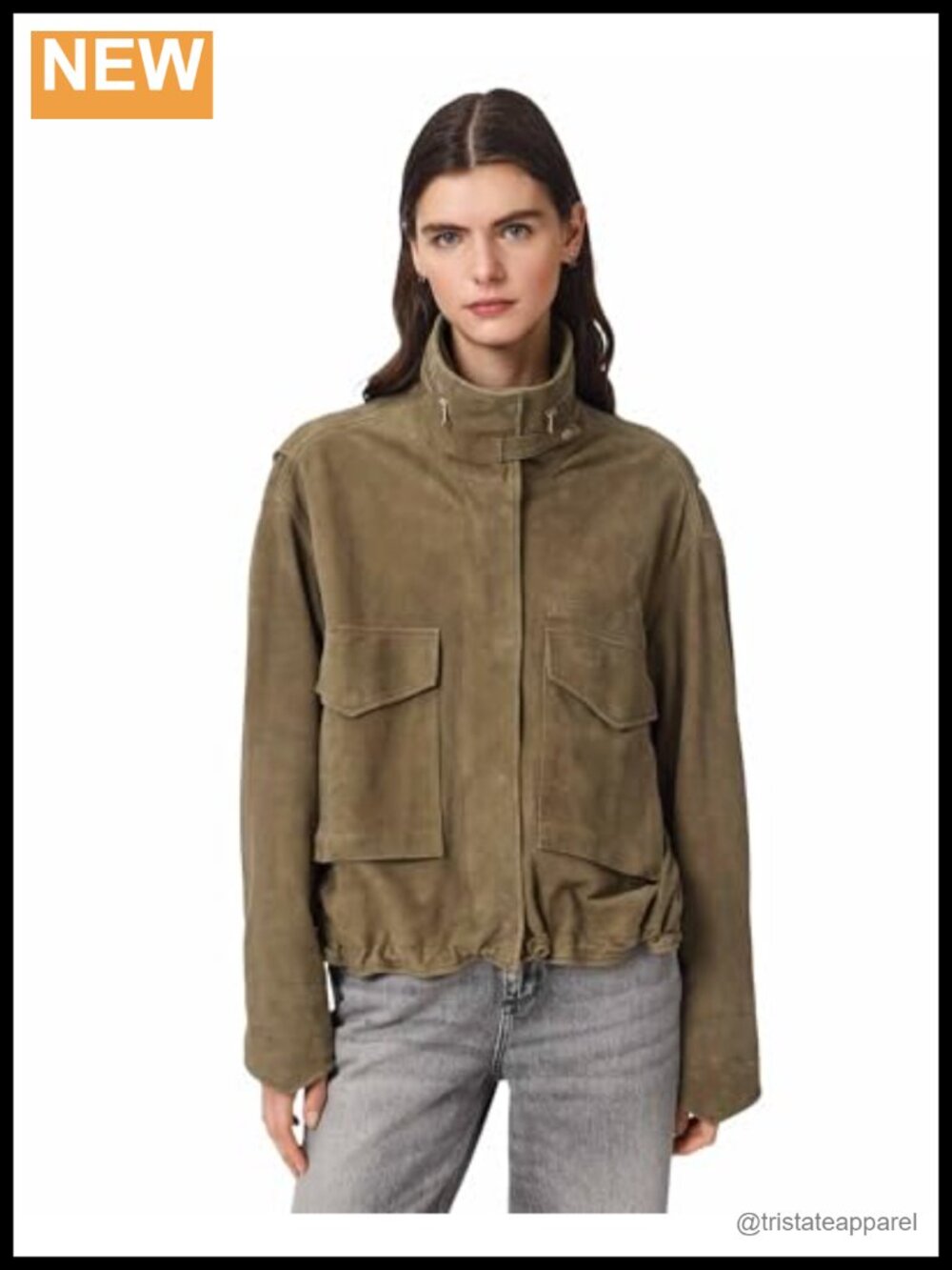 100% Leather Funnel Neck Zip Suede Jacket Long Sleeve